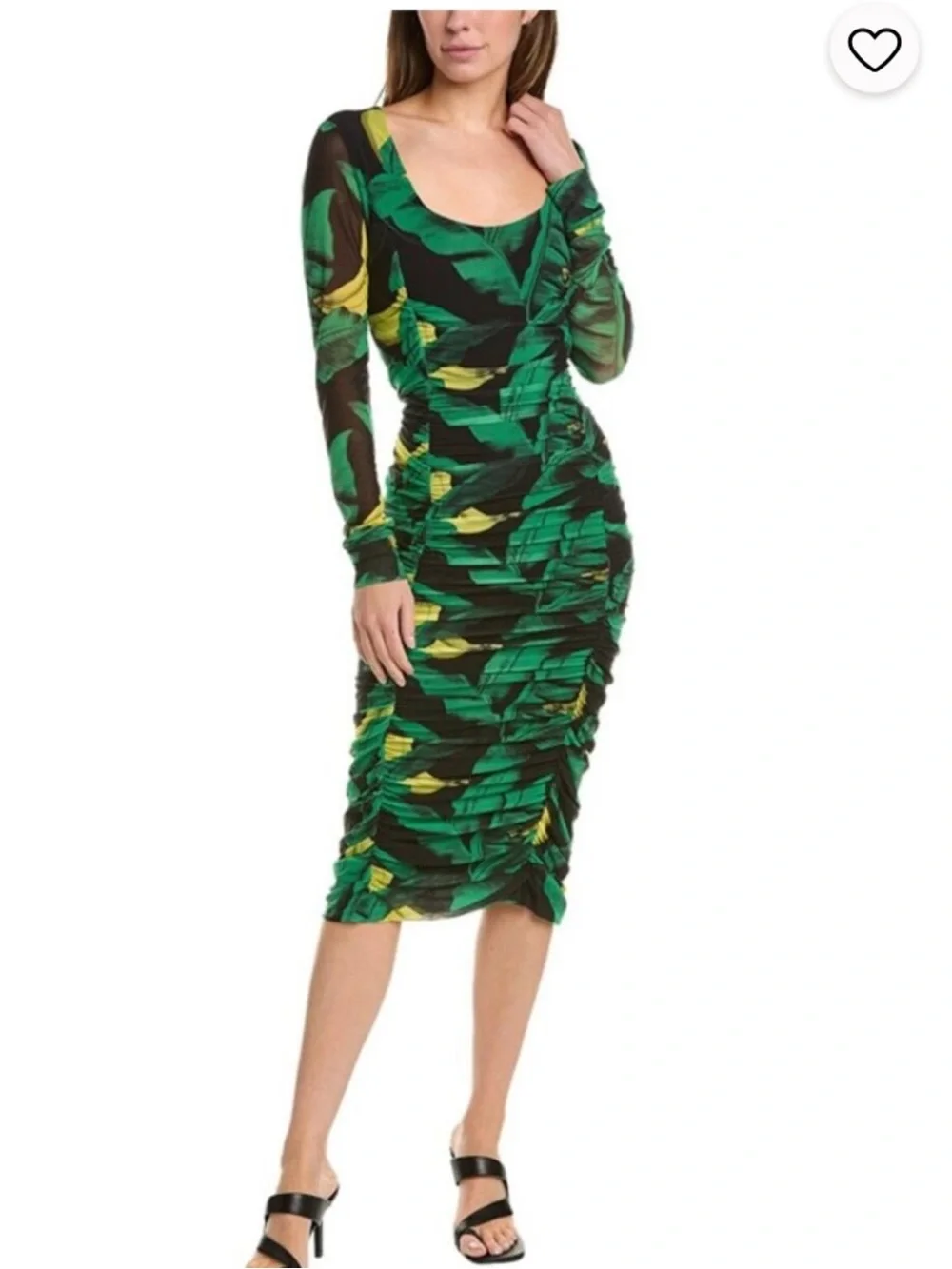 Ganni Tulle Ruched Gathered Bodycon Midi Dress Green Floral Print